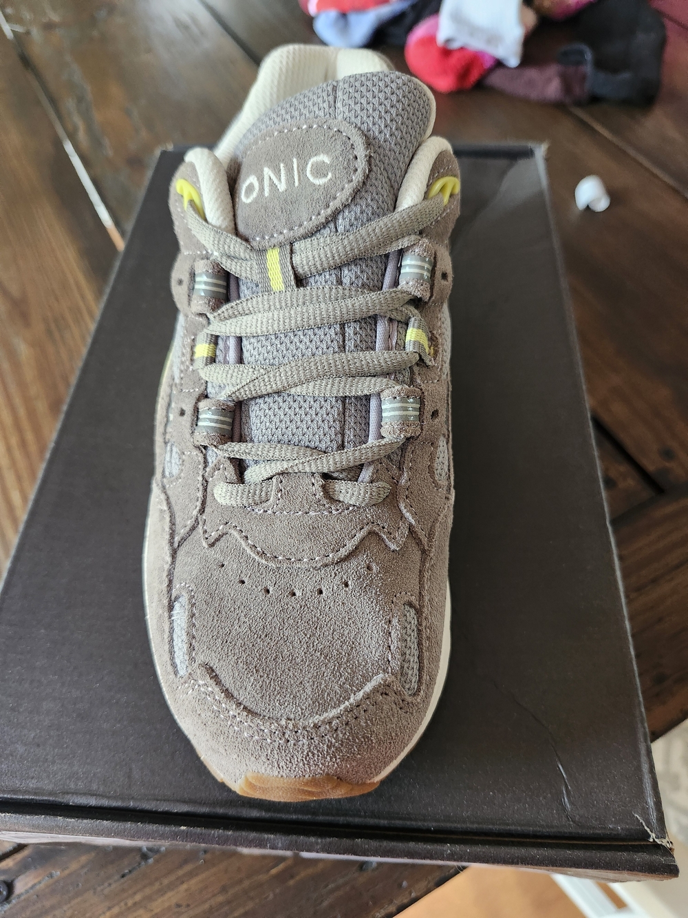 NEW - Vionic Womens Taupe Suede Sneakers with Yellow Accents
